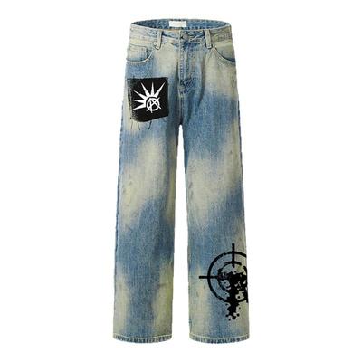 梁拌泡菜【和平杀手】直筒深色阔腿牛仔裤嘻哈做旧复古裤子男女潮