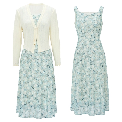 马天奴针织开衫印花连衣裙套装