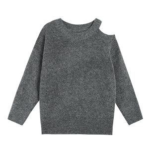 ousph 黑色长袖打底毛针织衫女秋新款外穿宽松灰斜露肩设计感上衣