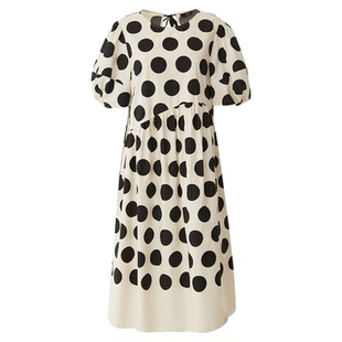 AUM噢姆夏季黑白波点法式泡泡袖高腰公主裙