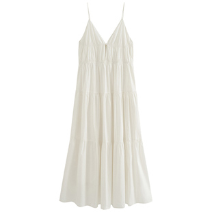 MOERSHOP 浪漫罗曼史度假风深V吊带白色连衣裙女新款宽松气质长裙