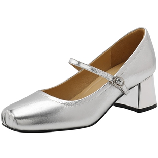 百丽法式银色玛丽珍鞋女新款一字带粗高跟芭蕾浅口单鞋子B2065CQ4