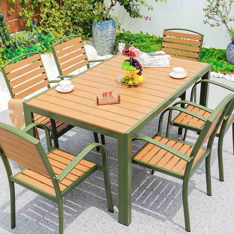 户外桌椅咖啡厅奶茶店商业街外摆餐桌椅露天休闲塑木桌铝合金桌椅