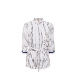 TENGS滕氏女装春夏新款柔滑缎面条纹印花立领衬衫上衣收腰百搭