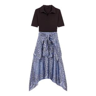 Maje2025春夏女装法式时尚印花图案系带长款收腰拼接长款连衣裙