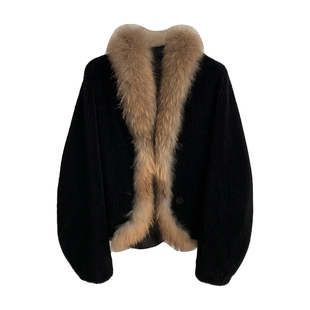 松露信笺/100羊羔毛皮毛一体真貉子毛领2025冬新款皮草女毛毛外套