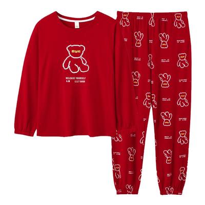 100%全棉加厚红色睡衣女秋冬季