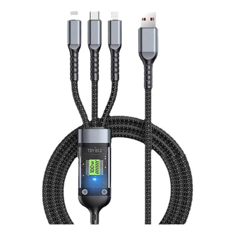 新款100w一拖三快充数据线车载三合一带灯超级闪充适用苹果iphone华为荣耀Type-C安卓vivo通用充电器多头