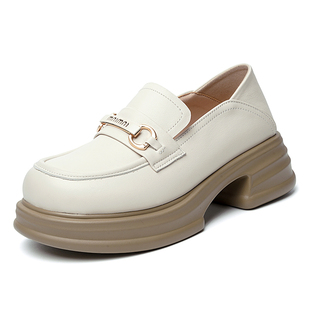 头层牛皮厚底乐福鞋女白色真皮高跟女士皮鞋中跟粗跟防滑软皮单鞋