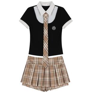 你的鱼 劳伦学院 韩系微胖mm学院风假两件格纹夏日衬衫半裙套装