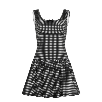 WEEKEEP 法式少女黑白格纹花边方领背心连衣裙收腰A字显瘦短裙
