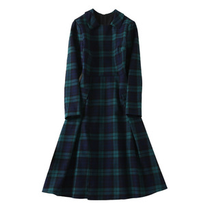 王妃同款2025秋冬新款英伦风气质蓝格子提花长袖修身显瘦连衣裙潮