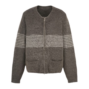 ELEI设计师品牌 25AW秋 骆马绒混纺开衫条纹撞色叠穿百搭毛衣上衣