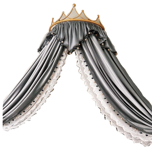 轻奢床幔床帘简约波浪丝绒蕾丝双层高钉珠浅灰帷幔遮光公主风装饰