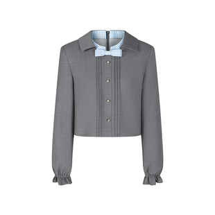 HERLIAN2025年秋季新品女士短外套格纹拼色蝴蝶结装饰娃娃领上衣