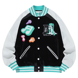MEDMx初音未来音符丝绒棒球服男潮牌美式嘻哈休闲短款外套女春秋