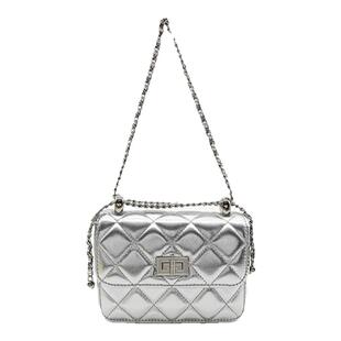 小香风银色双金球豆腐包包女高级感菱格链条包真皮单肩斜挎小方包