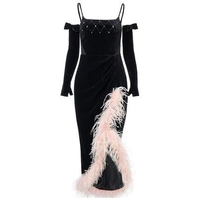 【商场同款-节庆穿搭】MAXRIENY精致复古丝绒连衣裙羽毛小黑裙