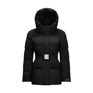 森马中国国家地理系列羽绒服女防风黑色冬季三防中长款收腰鹅绒服