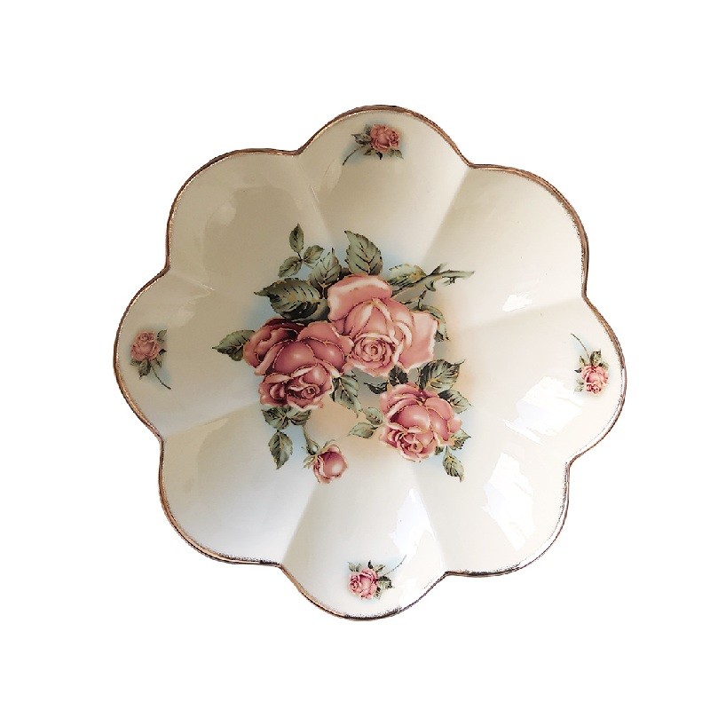 韩国进口红色金边女皇玫瑰queen rose加深陶瓷莲花沙拉水波纹盘子