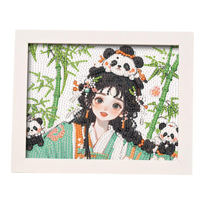 古风熊猫女孩钻石贴画手工diy材料包草莓女幼儿园学生满钻砖石画