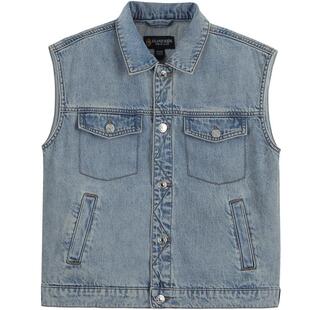 eland kids衣恋童装女童牛仔马甲春秋季时尚复古休闲印花翻领外套