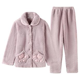 美标新款保暖复合舒棉绒睡衣套装女秋冬季可爱珊瑚绒法兰绒家居服