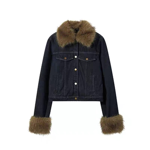 古铜色做旧高级感毛毛领牛仔外套女2025冬季新款加厚短款棉服上衣