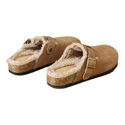 达芙妮加绒半包勃肯鞋女2025冬季新款外穿毛毛半拖鞋真皮单鞋棉鞋