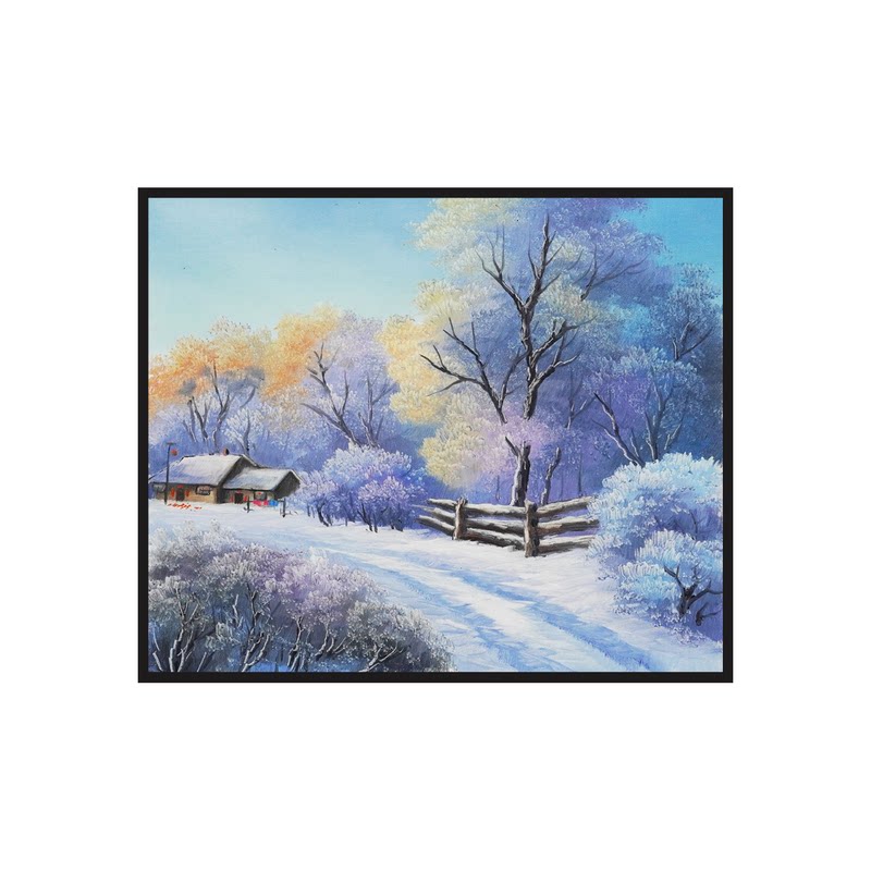 雪乡雪景手绘山水油画聚宝盆招财装饰画客厅横幅风景卧室餐厅挂画