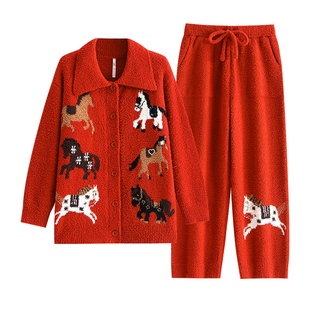 悦内半边绒睡衣女款冬季秋冬加厚珊瑚绒保暖家居服红色本命年马年