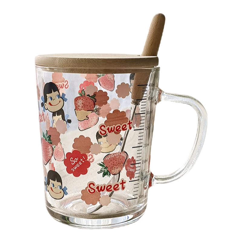 ins玻璃杯卡通印花吸管杯加盖勺刻度牛奶杯高颜值早餐杯可爱礼物