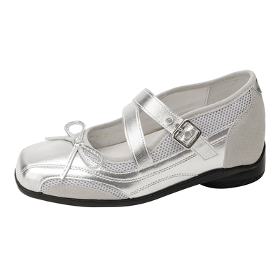 银色方头运动风玛丽珍鞋女新款内增高芭蕾舞鞋蝴蝶结扣带浅口单鞋