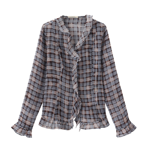 CUBIC夏日海岛 经典格纹轻盈雪纺纱荷叶边V领微收腰宽松长袖衬衫