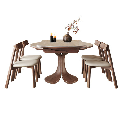 中古风洞石岩板伸缩餐桌可变圆桌