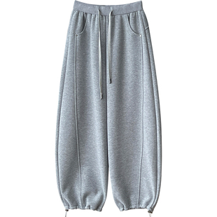 日韩系抽绳束脚两穿加绒弯刀阔腿裤女秋冬松弛感直筒休闲哈伦卫裤