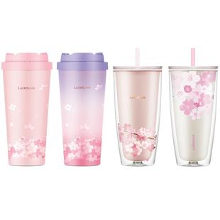 乐扣乐扣桃花保温杯316不锈钢少女心咖啡杯樱花吸管杯塑料水杯女