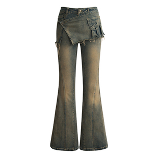 UNIFREE美式复古牛仔裤秋冬新款中低腰微喇屁帘修身做旧水裤子