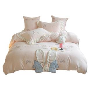 可爱兔子冬季牛奶绒四件套加厚双面珊瑚绒儿童少女公主风床上被套