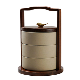 中式木质提梁粗陶果盘精致家用干果零食收纳圆形复古多层过年果篮