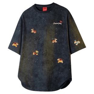 查尔斯桃心满天星纯棉扎染短袖T恤男女夏季新款小马印花重磅半袖