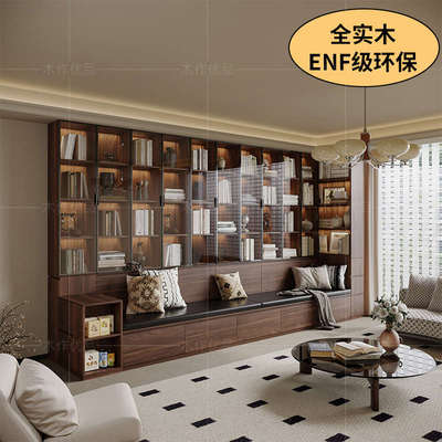 中古风客厅书柜一体整墙去客厅化法式复古卡座一体实木满墙书柜