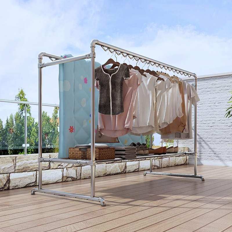 镀锌钢管晾衣架落地家用挂衣简易双杆水管晒被室外凉衣架阳台家用