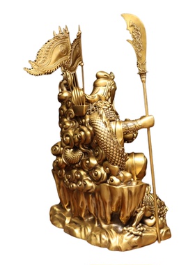 纯黄铜关公夜读春秋关羽坐像摆件看书关二爷令旗坐龙托聚宝武财神