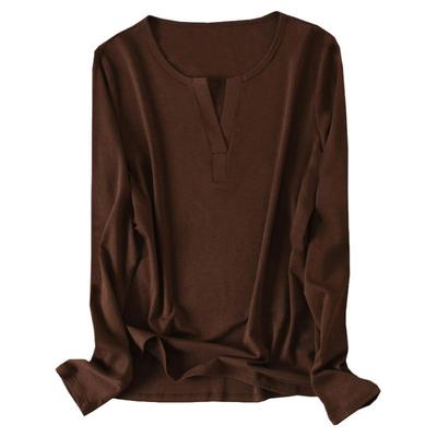 2025秋冬新款天丝羊毛t恤女半开襟小V领显瘦内搭长袖打底衫上衣潮