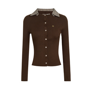 张雅琪同款Liilou 可拆格纹拼接 绵羊毛混纺收腰翻领针织上衣