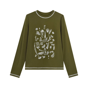 NILICO陈媚【戏如人生】浪漫法式趣味印花正肩弹力显瘦上衣