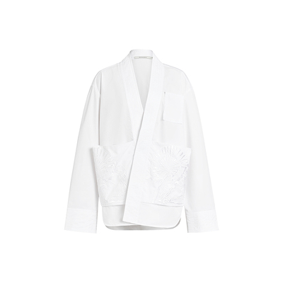 ZHUCHONGYUN2026春新款棉质中式斜门襟素白刺绣衬衫