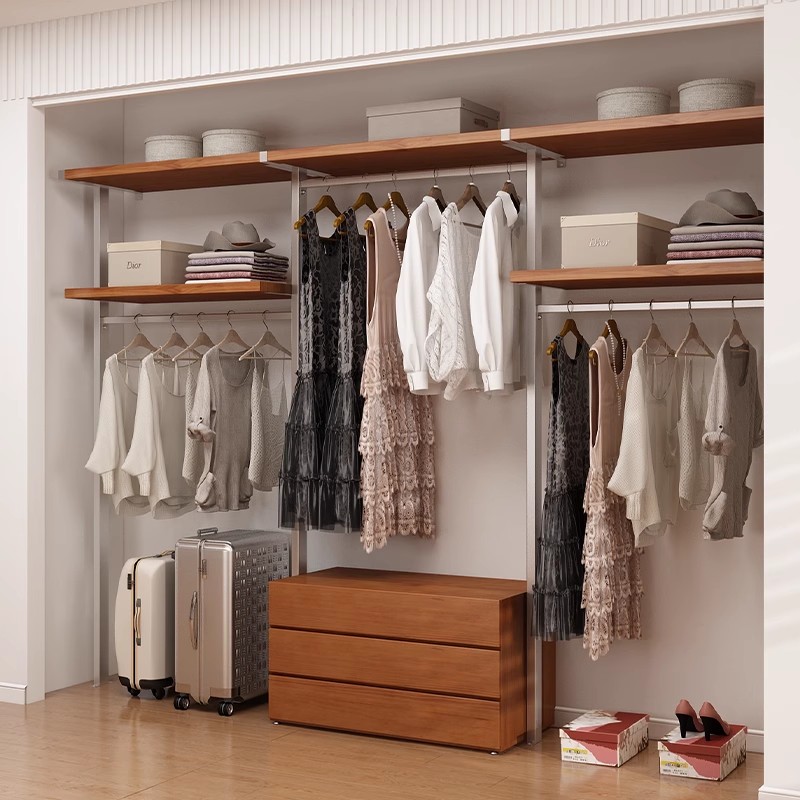 中古风金属衣柜卧室落地铁艺步入挂衣架砌墙衣橱开放式衣帽间实木