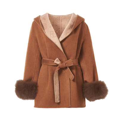 老钱风双面毛呢大衣狐狸毛袖口